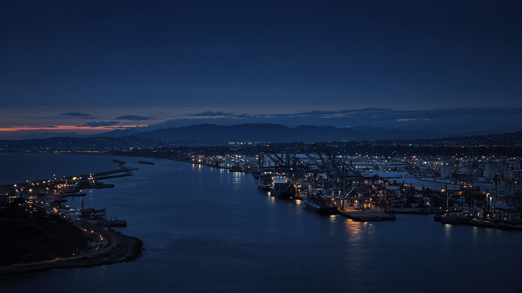Harbor and coastline at dusk